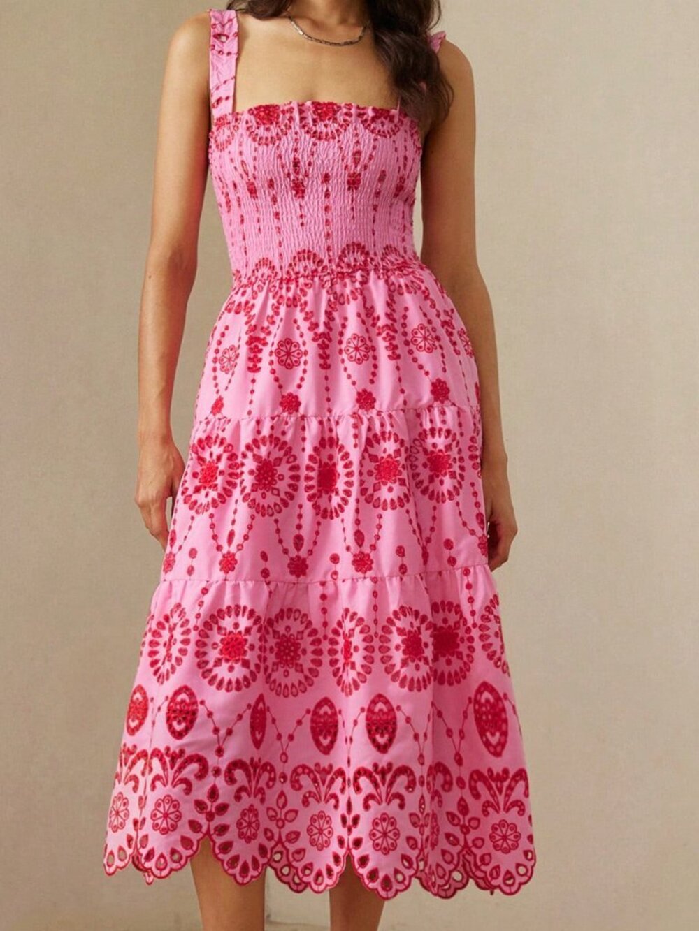 Pink Boho Elegant Women's Hollow-Out Embroidered Sleeveless Maxi Dress - Picture 3 of 7